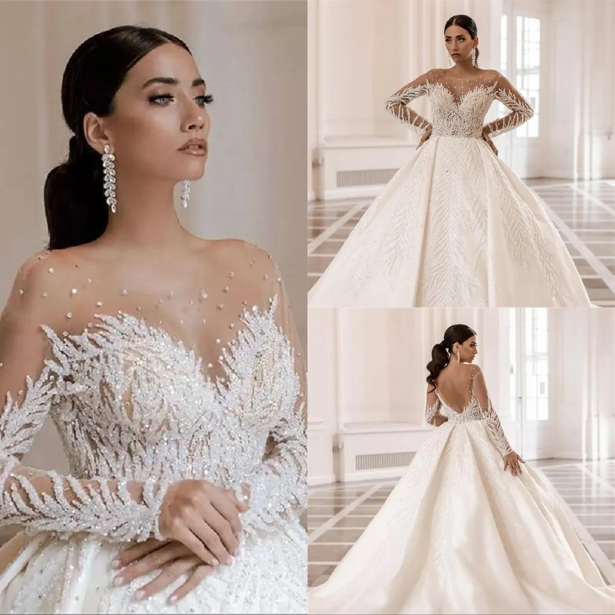 Abiti da sposa di lusso arabo Dubai perline cristalli abito di sfera 2022 Vestido de Noiva morbido tulle manica lunga abito da sposa abiti da sposa
