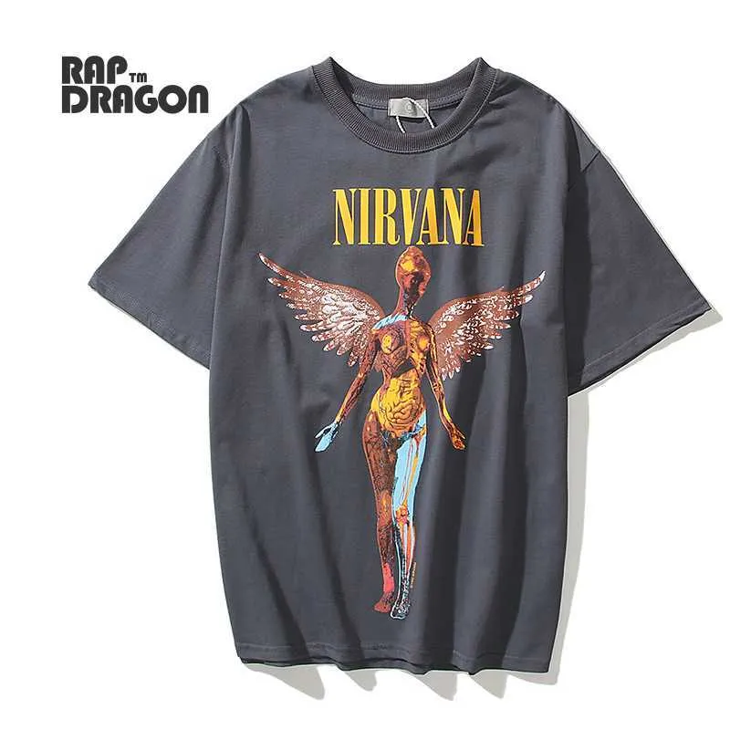 Hip Hop T-Shirt Harajuku Streetwear Herren Tshirt Retro Print Engel Rock Baumwolle Lose Plus Größe Paar Mode Top Grau Sommer X0712