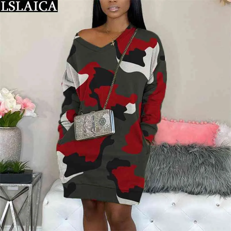 Autumn Camouflage Print Long Sleeve V Neck Mini Dress With Pocket
