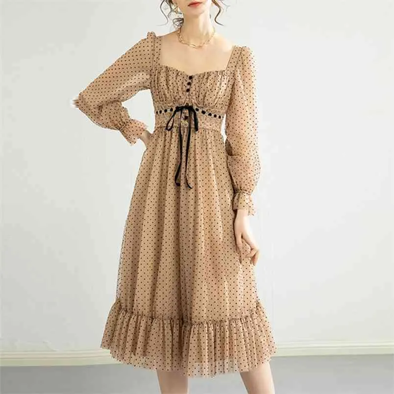 Abito vintage a pois a maniche lunghe francese da donna in chiffon a rete elegante casual Boho Beach Robes Vestidos 210514