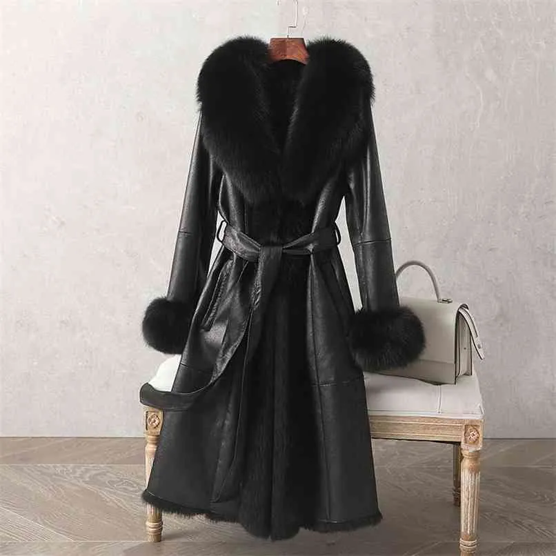 Casaco de pele longa luxo de alta qualidade espessa casaco de pena quente com cinto imagem real inverno casaco em estoque 210910