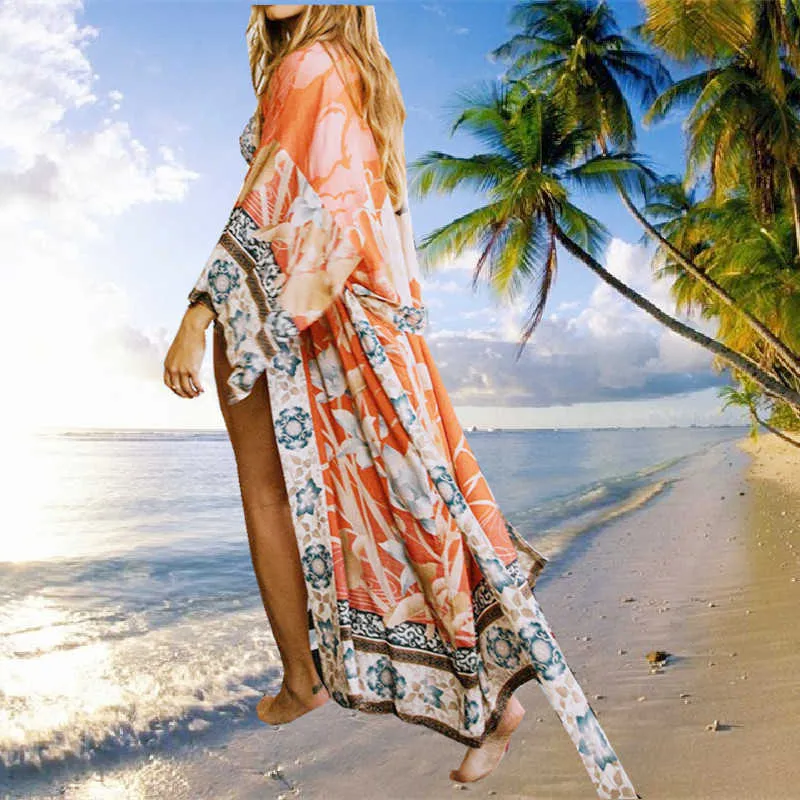 Beach Dress Cover Ups for Women Swimsuit Cover-ups Kimono Blouse Bathing Suit Cardigan 2021 Floral Crane Print Beachwear Coverup X0726