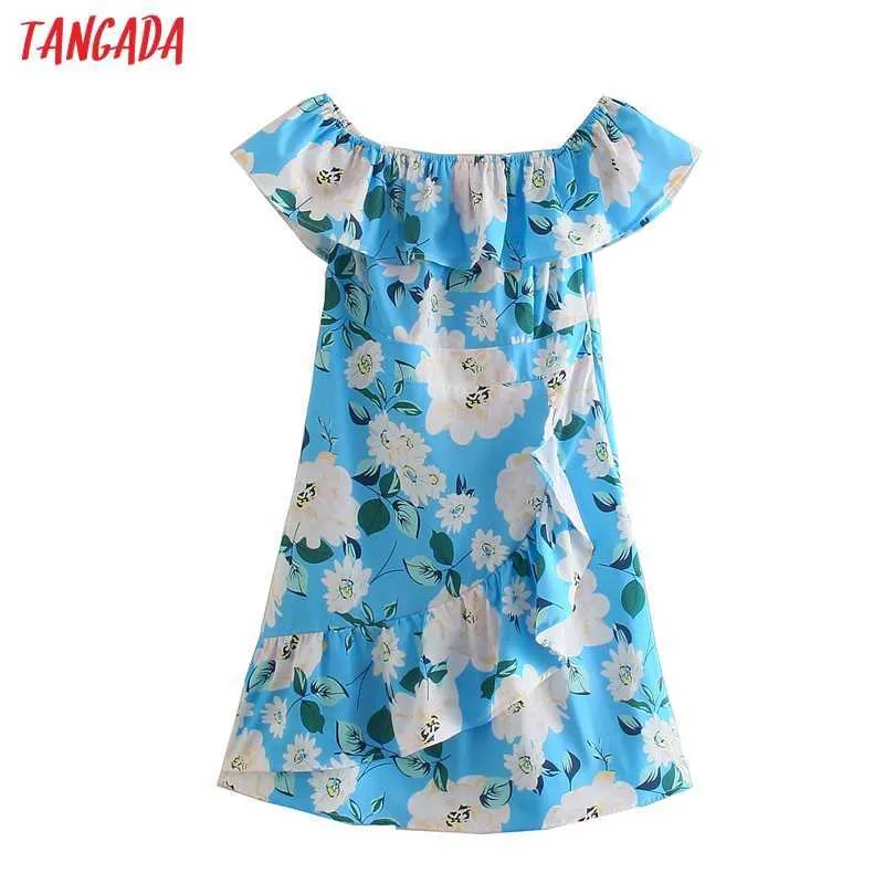 Tangada Summer Women French Style Print Off Ramię Ruffles Sukienka Krótki Rękaw Damski Mini Sukienka Vestidos 2W54 210609