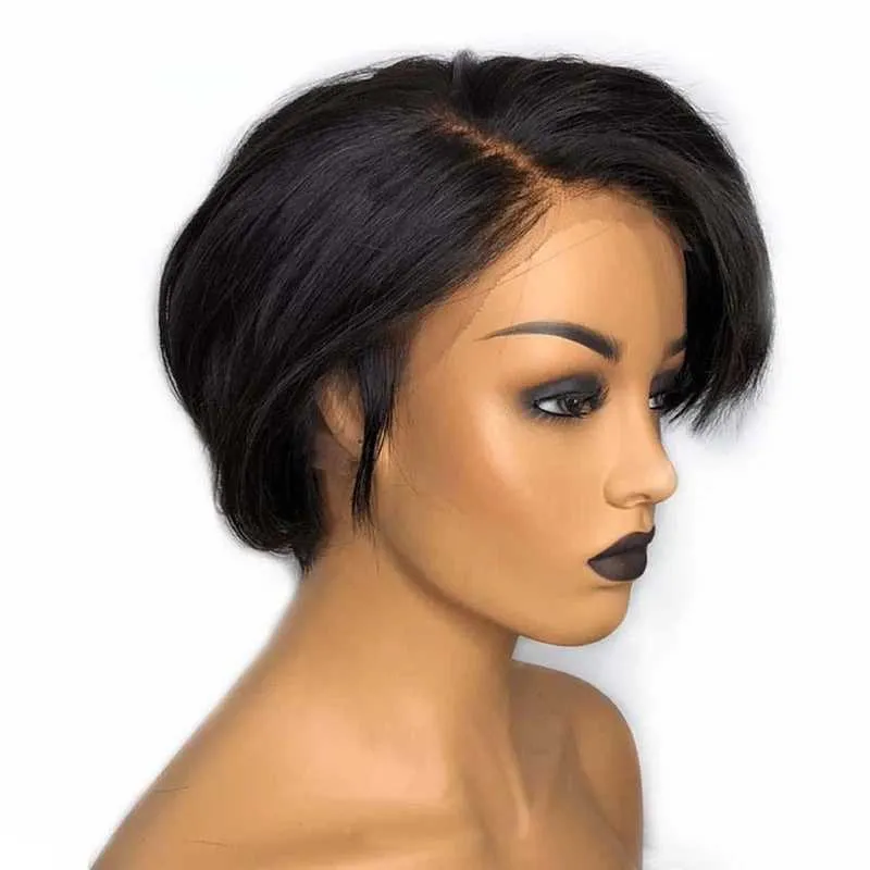 Lace peruker kort pixie klippa peruk transparent mänskligt hår för kvinnor rakt frontal sida del bob 13x1