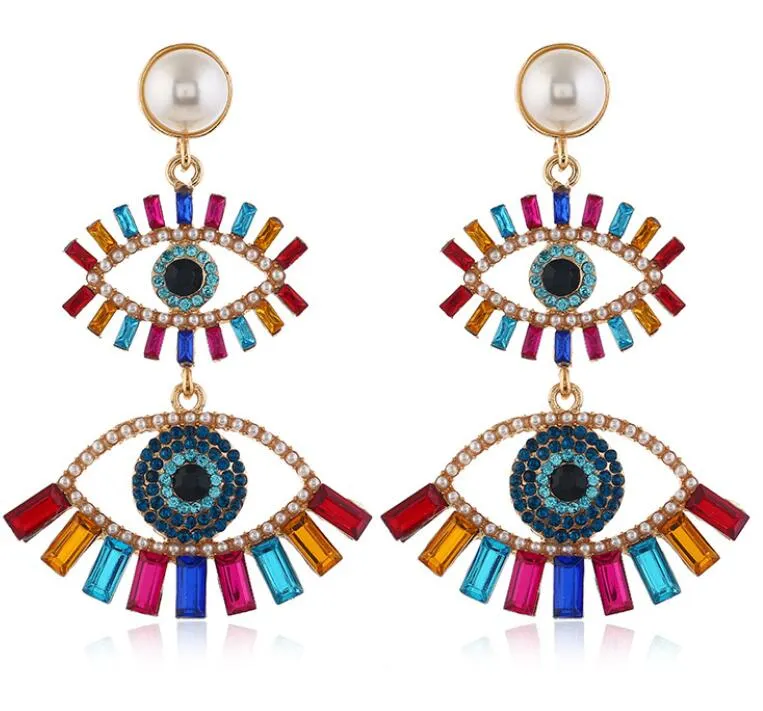 Iced Out Evil Eyes Dangle Earrings for Women Girls Fashion Designer Crystal Rhinestone Pearl Statement Drop Earring Dangles Wedding Party Jewelry