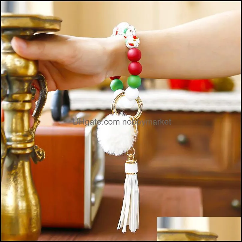 Charm Bracelets Christmas Silicone Beaded Bracelet Anti-Lost Wrist Keychain Tree Santa Tassel Pendant For Men Women