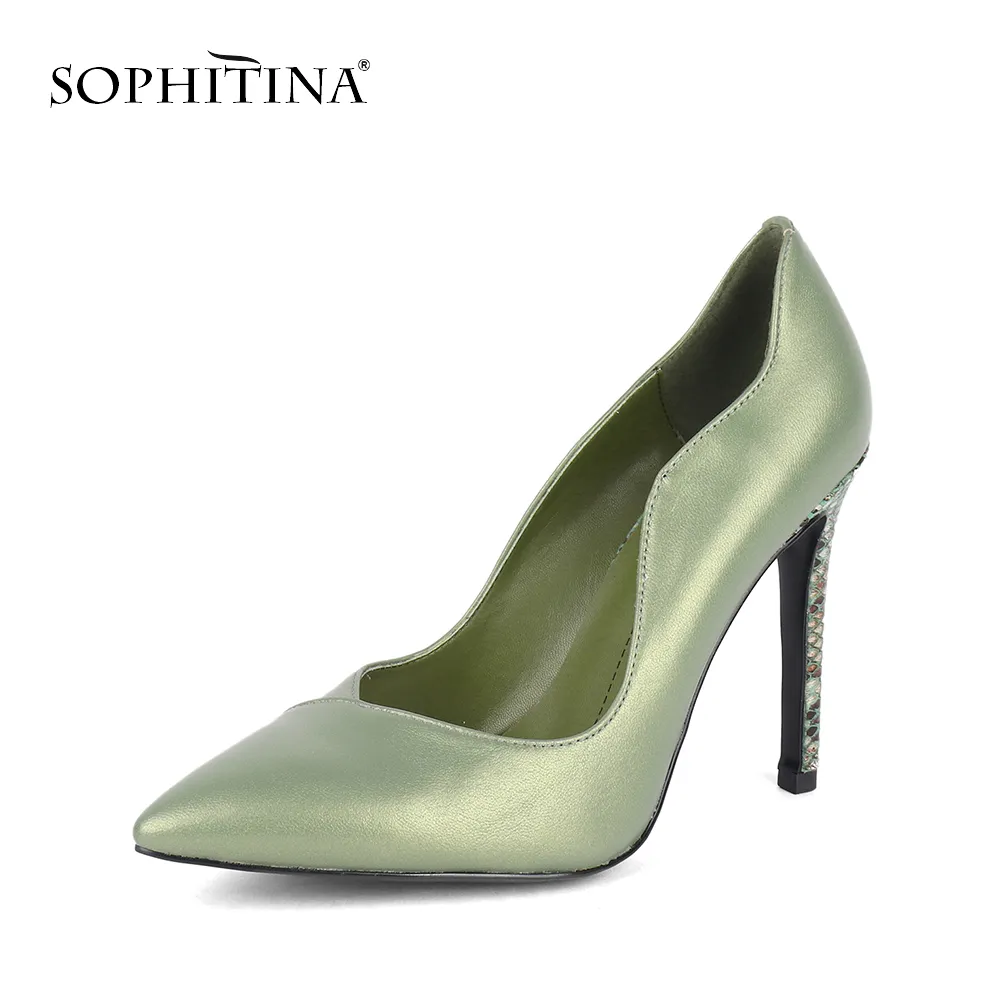 Sophitina Solidne Płytkie Pompy Prawdziwej Skóry Wysokiej Cienkiej Obcasy Spiczasty Toe Design Women Shoes Spring Stylish Party Pumps SC597 210513