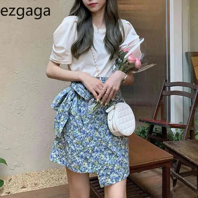 Ezgaga Summer New Korean Fashion Two Piece Set Women Solid Loose T Shirts + Lace Up High Waist Skirts Floral Elegant Suit 210430