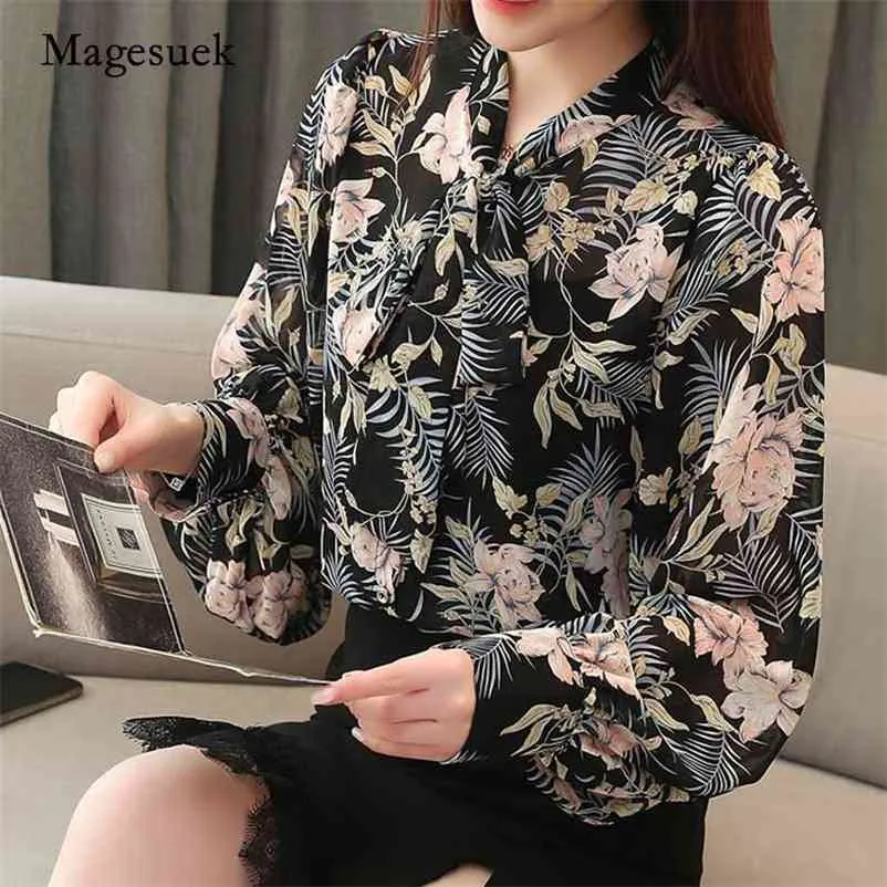 Herfst Koreaanse stijl vest lantaarn mouw strikje print office dame lange vrouwen blouse elegante shirt Blusas 10675 210518