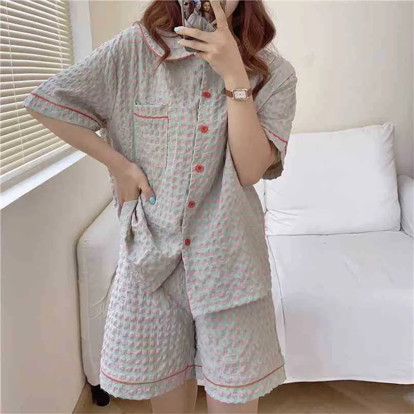 Confortável Sleepwear All Match Solto Doce Homewear Verão Geométrica Chic Chic Mulheres Meninas Pijamas Sets 210525