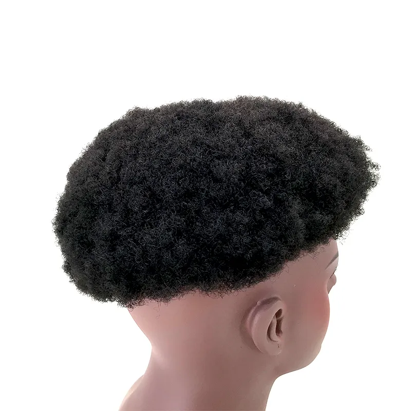 100% mänskligt hår Afro Mono Toupee Black Men kinky Curly Wig2081