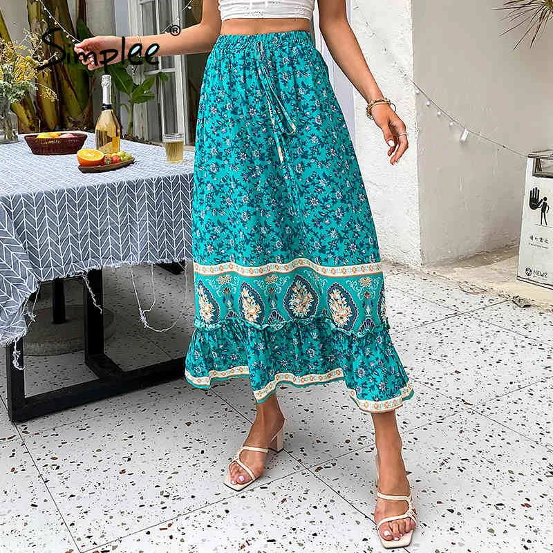 Holiday Peacock Blue Floral Print A-Line Long Summer Roman Style Sash Skirt Lady Ethic Women Bottoms Vestidos 210414