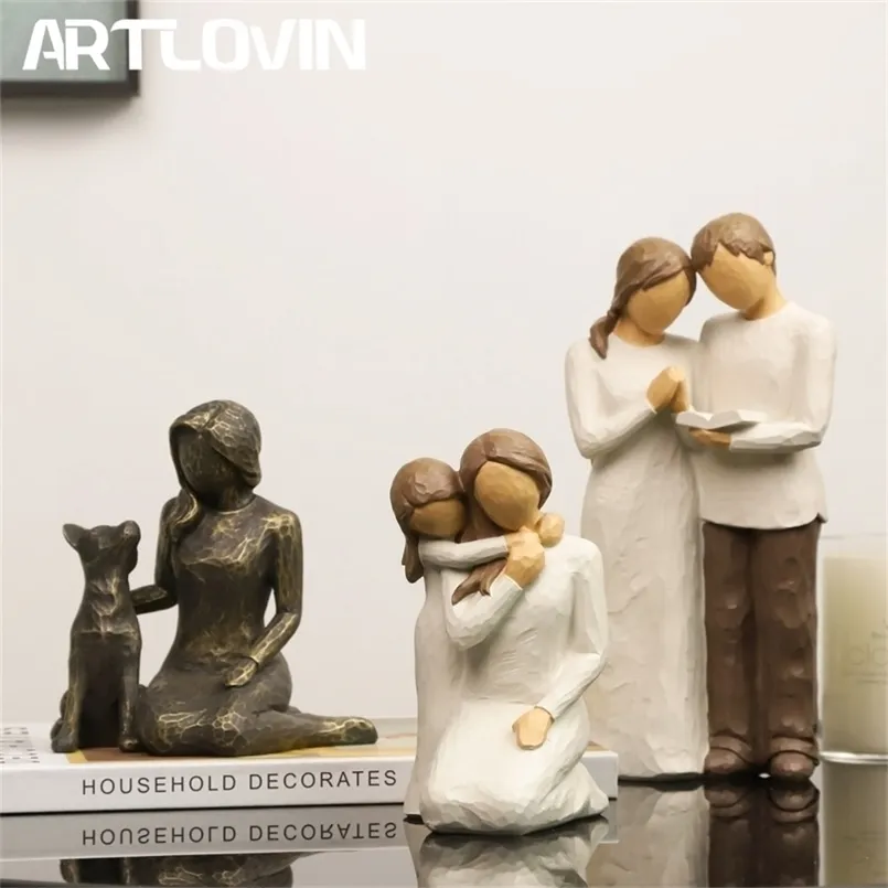 ARTLOVIN Sculpté Peint À La Main Figure Ensemble/Amitié/Fidèle Figurine Résine Chien Sculpture Saint Valentin Cadeau Maman Cadeau 211108