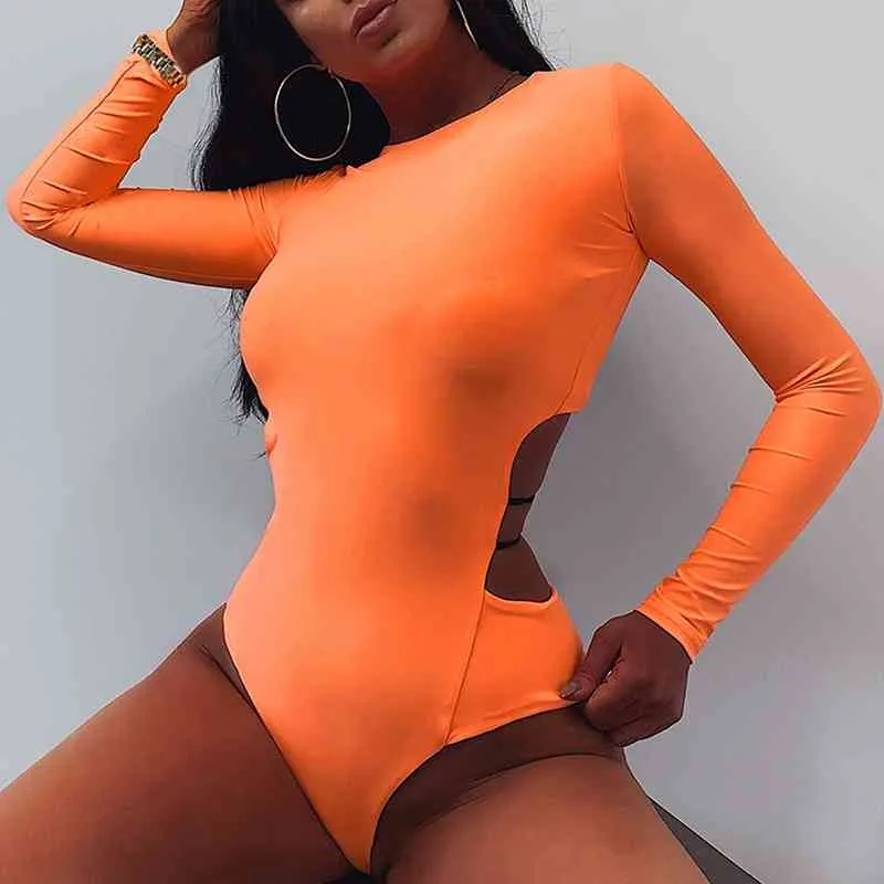 Gaoke Bodycon Seksi Neon Turuncu Bodysuits Kadınlar Sonbahar Uzun Kollu Katı Kış Temel Vücut Takımı Kadın O Boyun Siyah 210401