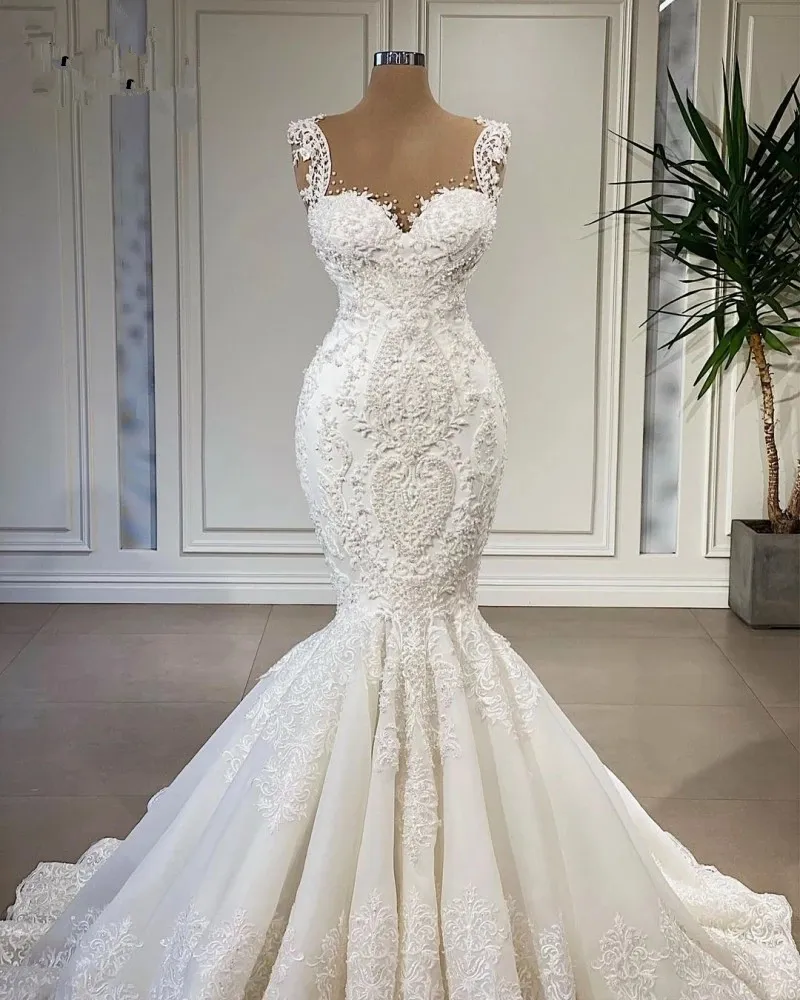 2022 Abiti da sposa eleganti a sirena con collo trasparente per la sposa Abiti da sposa con perline in pizzo Abiti da sposa civili su misura Sweep Train 322