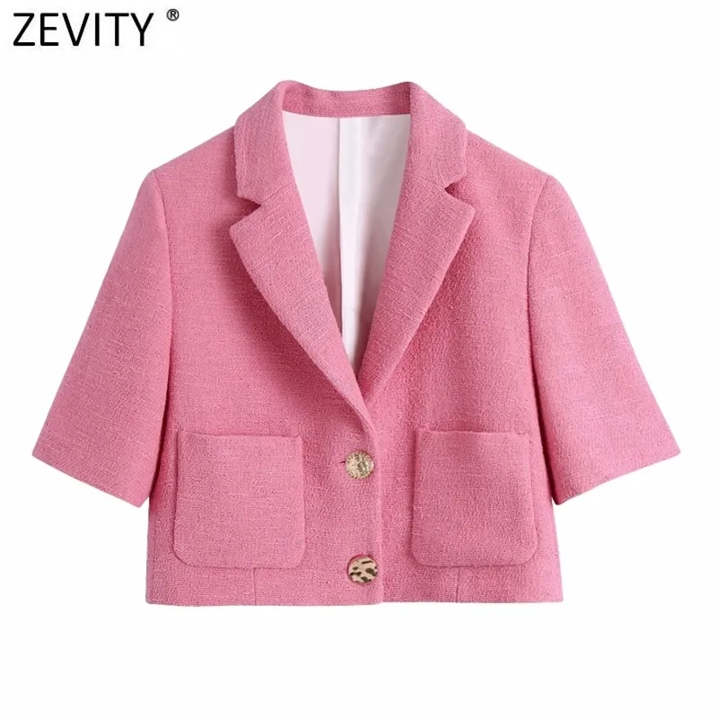 Frauen England Stil Taschen Patch Solide Rose Rosa Kurze Tweed Woll Blazer Mantel Vintage Weibliche Oberbekleidung Chic Tops CT679 210416