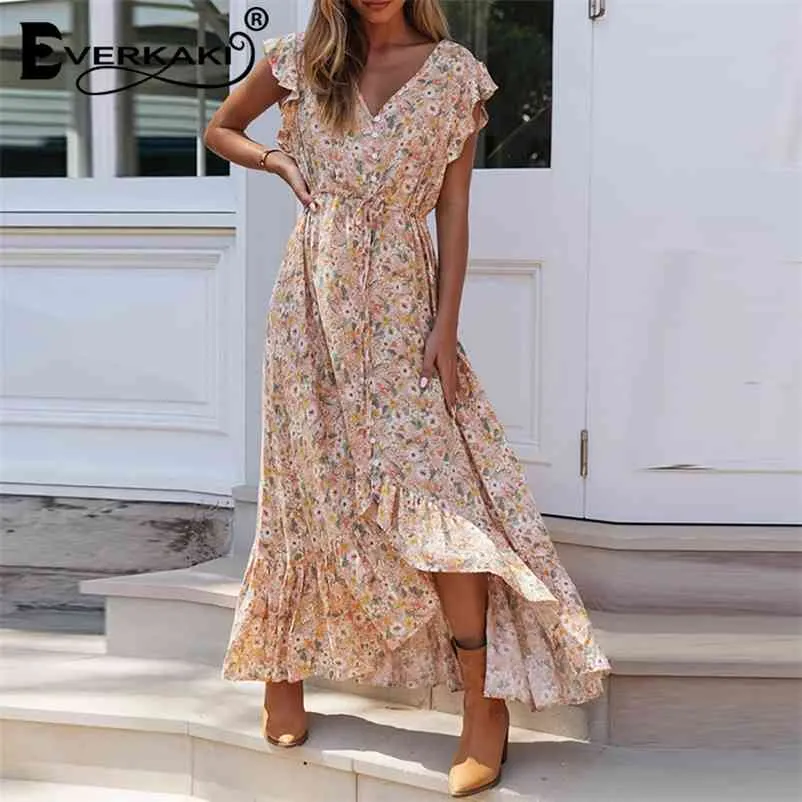 Everkaki Blumendruck Langes Kleid Unregelmäßiger Saum Boho Sommer Strand Vestidos Schärpen Damen Gypsy Maxi Kleider Casual Weiblich 210331