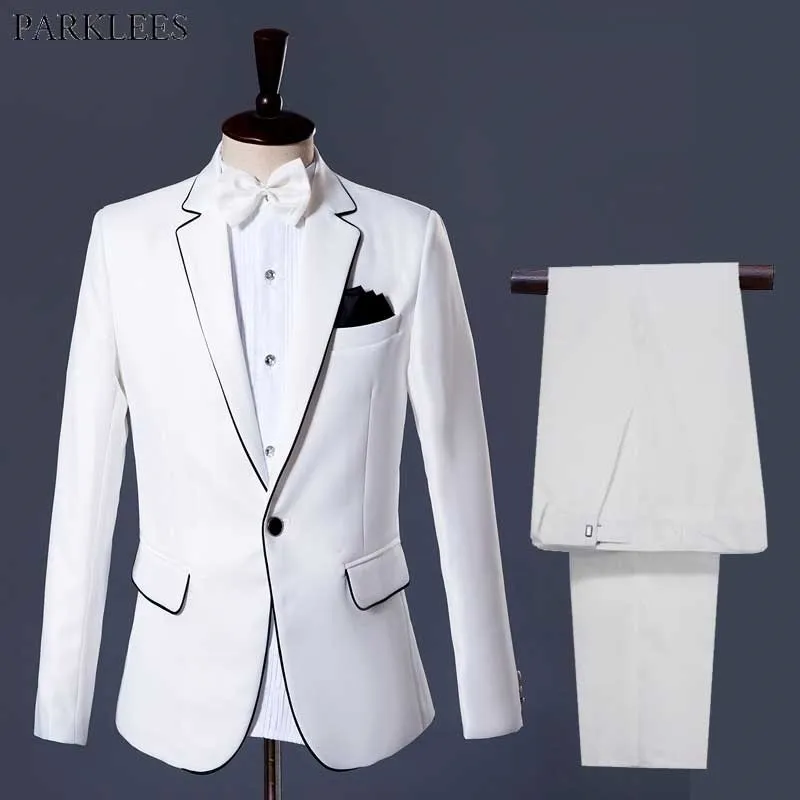 Wit Bruiloft Bruidegom Tuxedo Past Heren één Button Revers Elegante Pakken met Broek Mens Diner Party Kostuum Homme Mariage 2XL 210522