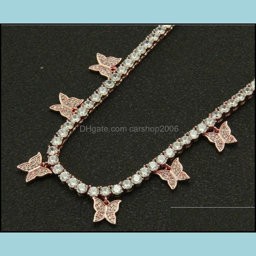 Hip-Hop Creative Copper Micro Zircon Butterfly Single Row Tennis Chain NecKLACE Fashion Collarbone Jewelry For Men And Women Chains