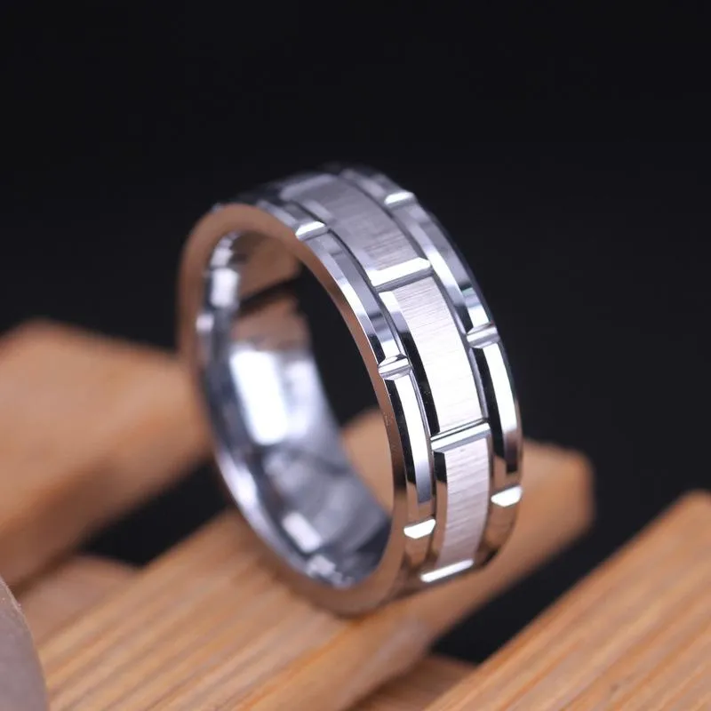 Wedding Rings Fashion 8mm Mäns Silver Titanium Steel Ring Brick Mönster Borstat Dubbel Groove Engagement Party Smycken