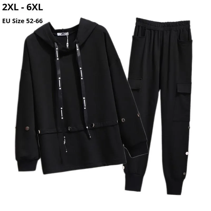 プラスサイズ6xl 5xl 4xl 4xl女性長袖冬の服セットFemme Velvet Warm 2 Piece Phoodies TopとPants Tracksuits