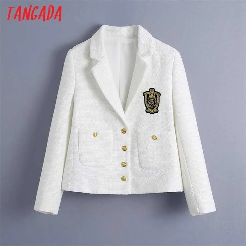 Tangada Donna Bianco Tweed Crop Blazer Ricamo Donna Manica lunga Giacca vintage Donna Abiti formali BE390 211019