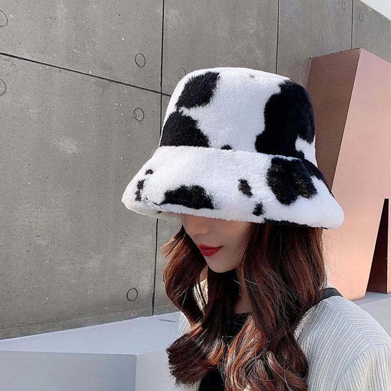 Chapeaux à large bord vache imprimé seau chapeau hiver fausse fourrure en peluche pour les femmes en plein air chaud soleil femme dame doux pêcheur Panama casquette