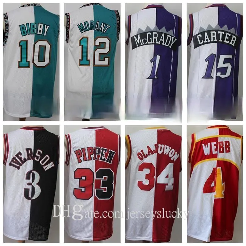 Män splittrade två colorsAllen Iverson Scottie Pippen Hakeem Olajuwon Tracy McGrady Vince Carter Mike Bibby Spud Webb JA Morant Basketball Jersey