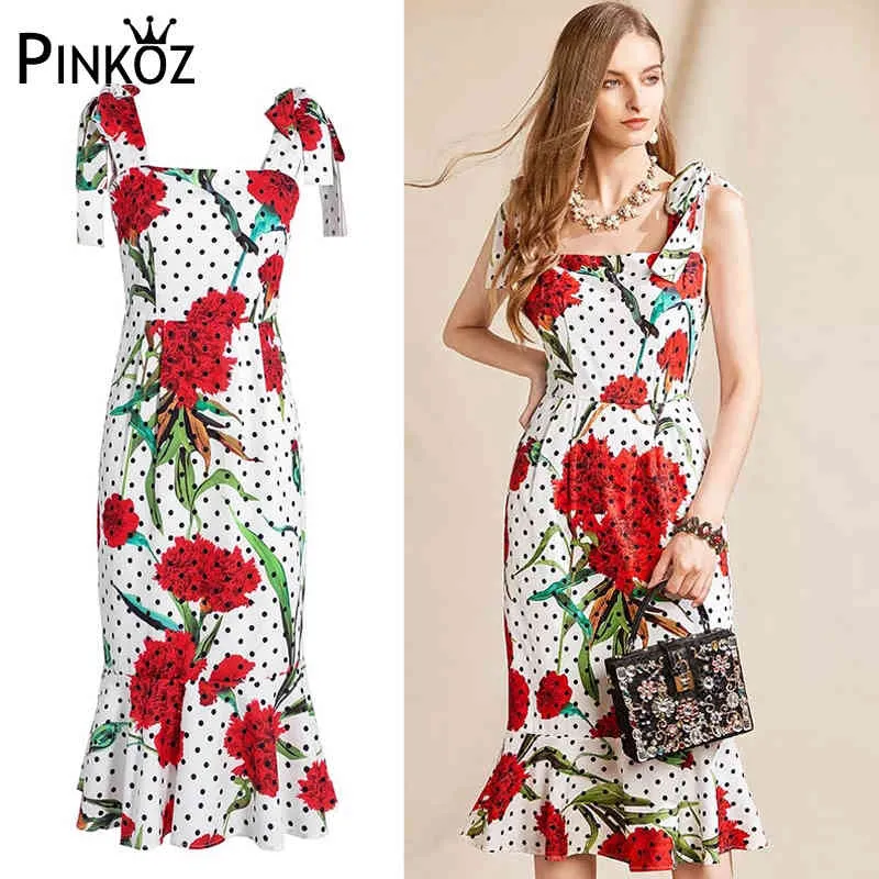 ペーリーファッションのための女性の女性のスリムMidiのドレスのためのドレスポルカのドットの花プリントレースアップキャミソールマーメイドのフリルドレスローブ210421