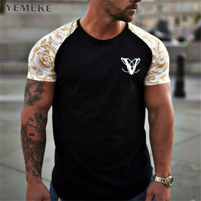 Yemeke Marca camisetas Verão Manga Curta O-pescoço Stripe Impresso Solto Slim Camiseta Mens Tops Tee 210716