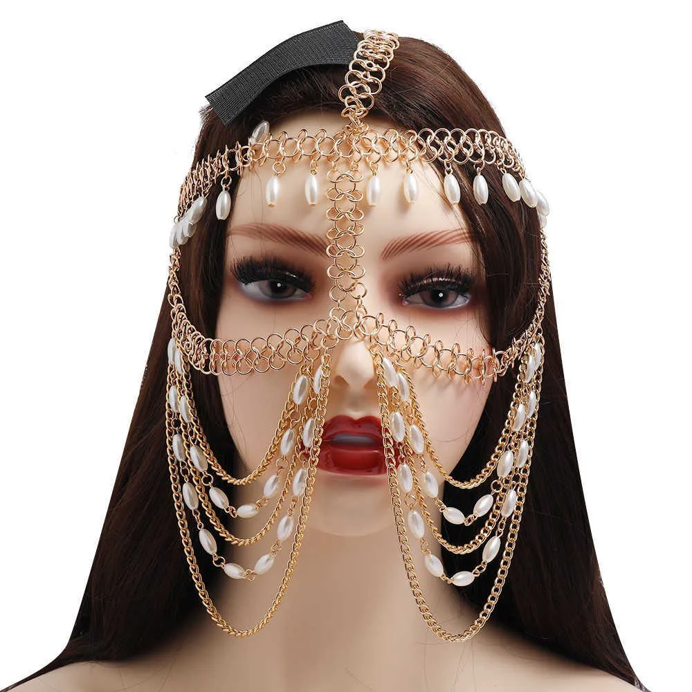 Multi Layer Pearl Tassel Rhinestone Head Chain Hair Jewelry 