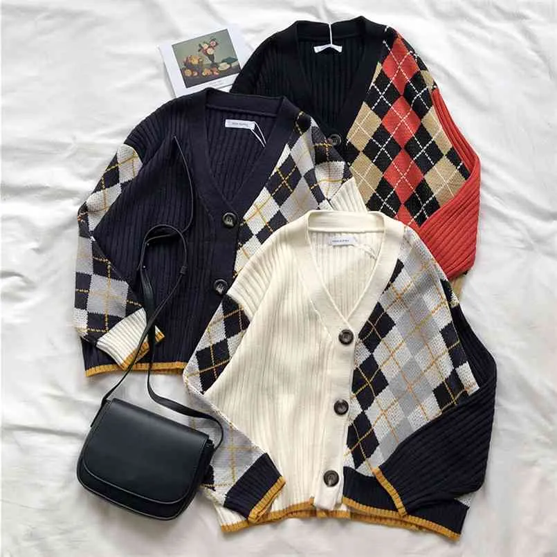 3 색 봄과 가을 한국어 스타일 컬러 패치 워크 V 목 격자 무늬 knittd 카디건 여자 스웨터 (X180) 210914