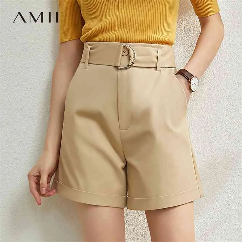 Minimalism vår sommar hög midja kausal kvinnor shorts mode lösa bälte kvinnliga 12070214 210527