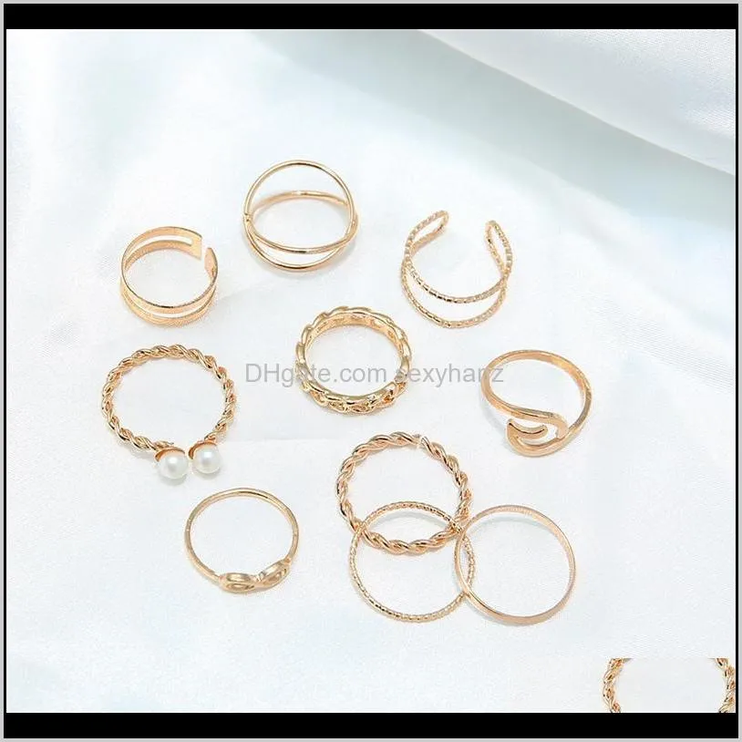 10pcs/set bohemian geometric rings set for women vintage silver gold color imitate pearl knuckle finger ring female fashion jewelry