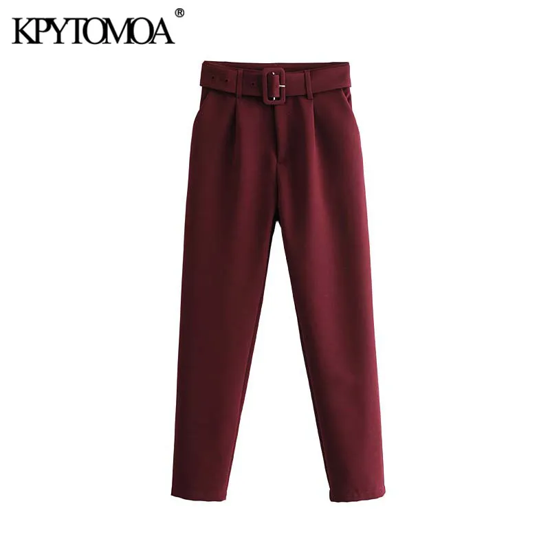 Vintage Stylish Office Wear High Waisted Pants Women Fashion Zipper Fly With Belt Pockets Female Ankle Trousers Pantalones 210416