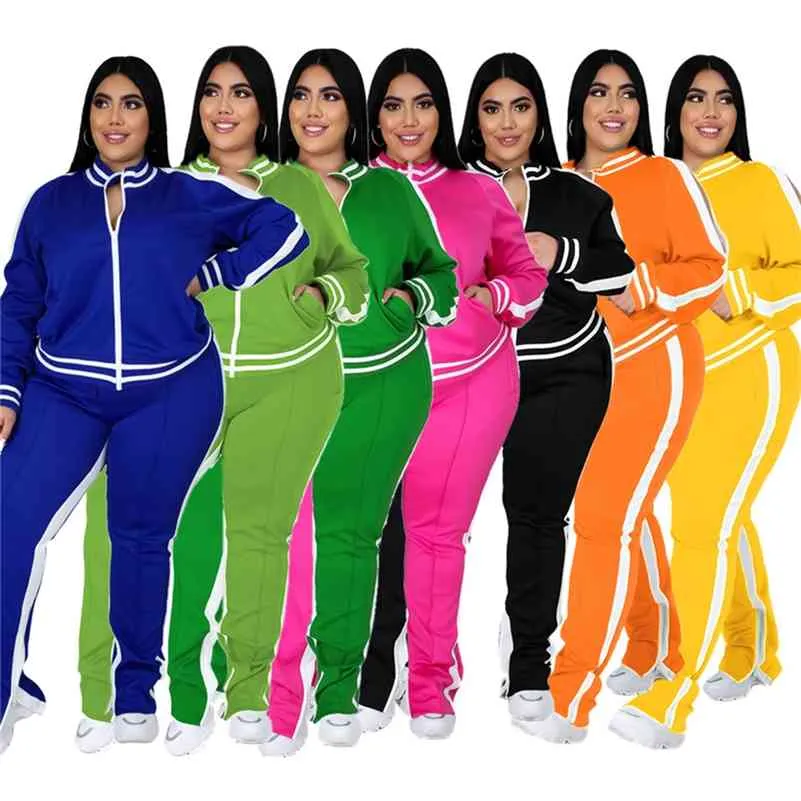 Plus Größe L-5XL Zwei Stück Set Frauen Sweatsuit Reißverschluss Gestreiftes Top Schlitz Jogginghose Jogger Outfit Passenden Set Großhandel Drop 210709