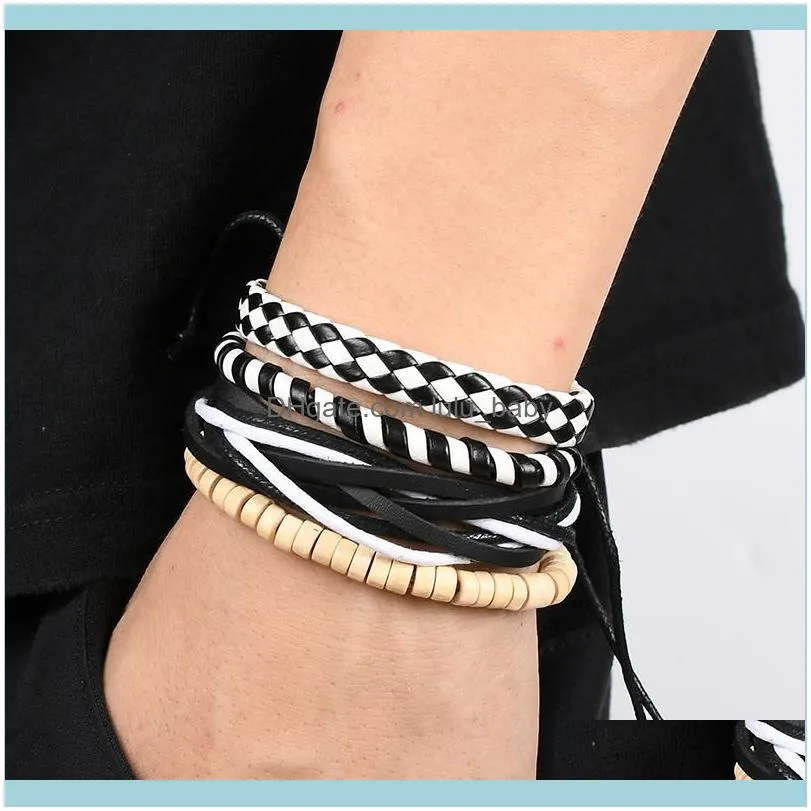 Beaded, Strands 4-piece Set/men`s Black And White Braided Winding Leather Bracelet Vintage Charm Wooden Bead Ethnic Tribal Wristband