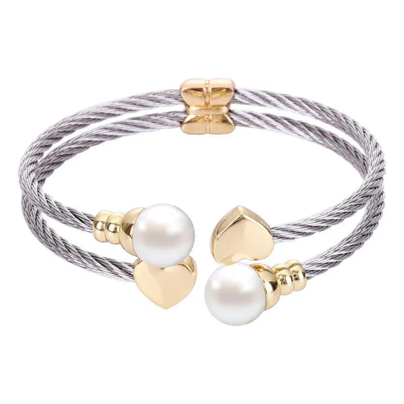 Chran 2 file di braccialetti con cavo in acciaio inossidabile gioielli placcati argento braccialetti di perle conchiglia rotonda per donna Q0717