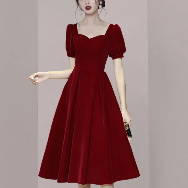 red velvet knee length dress Garvee Women's Velvet Dress Elastic Waistline Fall Long Sleeve Wedding Guest Short Wrap Tunic Formal Dress Red Wine X-Large
