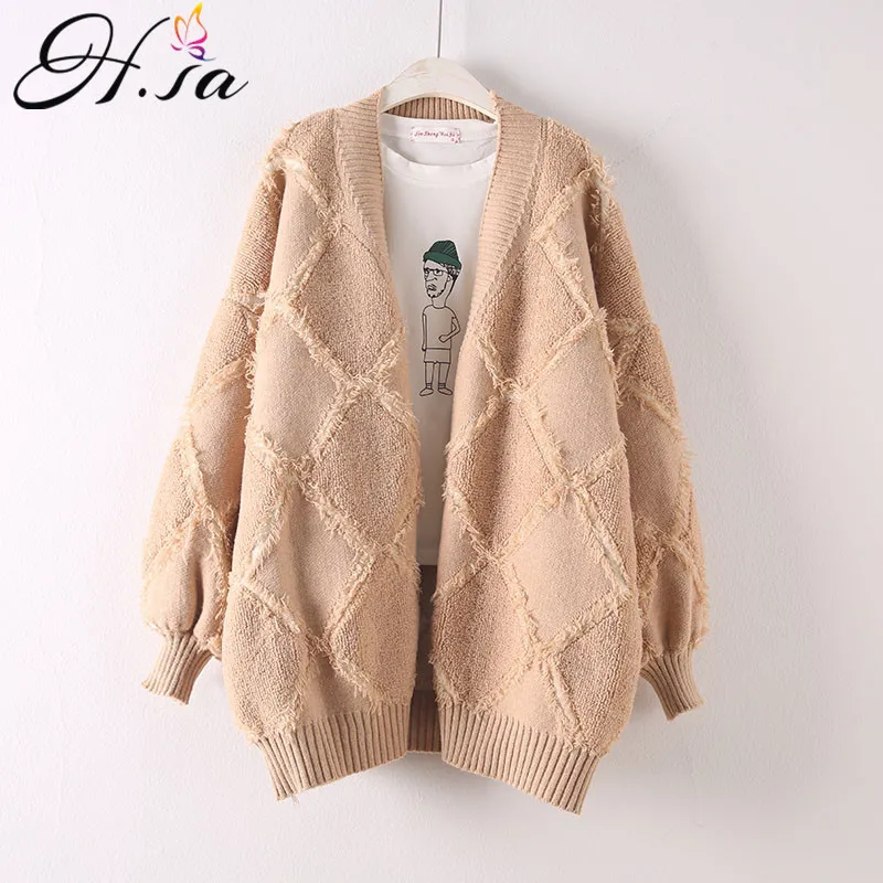 H.SA Kvinnor Varmtröja och V Neck Sern Sleeve Geometrisk Stickad Jacka Spring Coat Long Cardigans Poncho Femme 210417