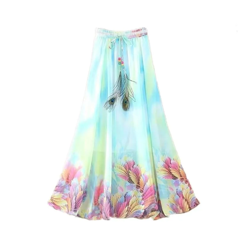 Skirts 2021 Fashion Women Maxi Casual Elegant Saia Longa Chiffon Bohemian Vintage Summer Female Long Skirt Flower Ethnic Clothes