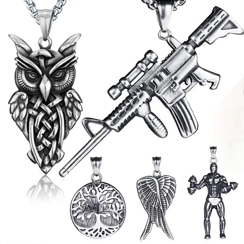 Retro ancient silver hip hop Necklace jewelry set Stainless steel motorbike Gun owl angel wing tree of life pendant necklaces with 60cm chain for woman man drop ship