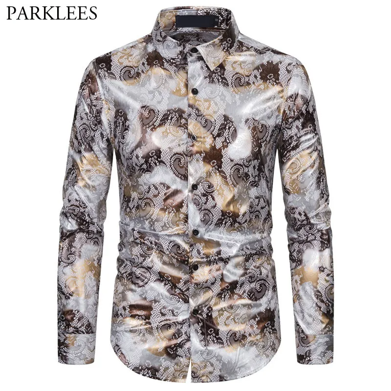 Paisley Floral Print Brązowanie Mężczyzna Koszula Casual Slim Fit Mężczyźni Z Długim Rękawem Button W górę Koszula Dla Mężczyzn Party Dance Men Odzież 210524