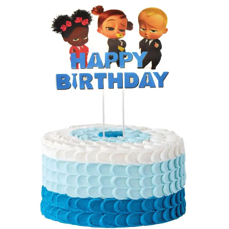 その他のお祝いパーティー用品漫画の赤ちゃんのボス少年ガールケーキボウラー帽子シャワーのテーマトッパー誕生日キッズ装飾
