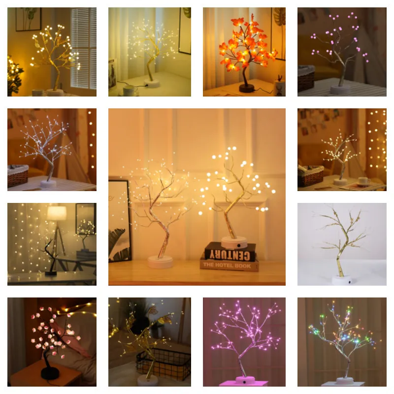 Kreativa nyhetsposter koppar tråd LED pärla träd gypsophila touch creatives gåvor stjärnor snöflingor lights sovrum rum juldekoration usb natt ljus