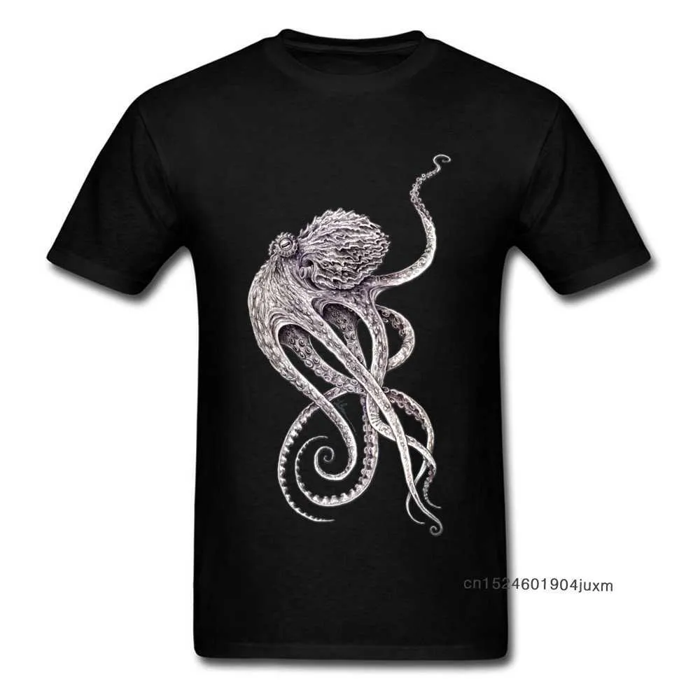 Retro Czarna Koszulka Mężczyźni Elegancka Octopus Drukuj T Shirt Steampunk Tops Tees Spersonalizowany Krótki Rękaw Tshirt Ojciec Dnia Prezent Tkanina 210629