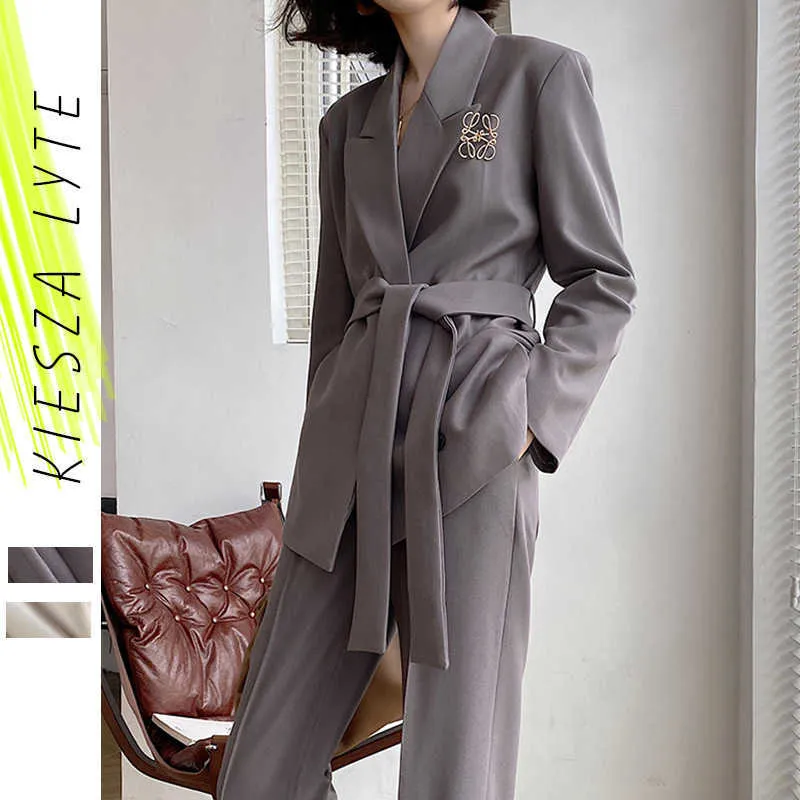 レディーススーツセットパンツとブレザーパープルエレガントな女性韓国のファッション2ピーススーツセットの女性オフィスウェアマザー210608
