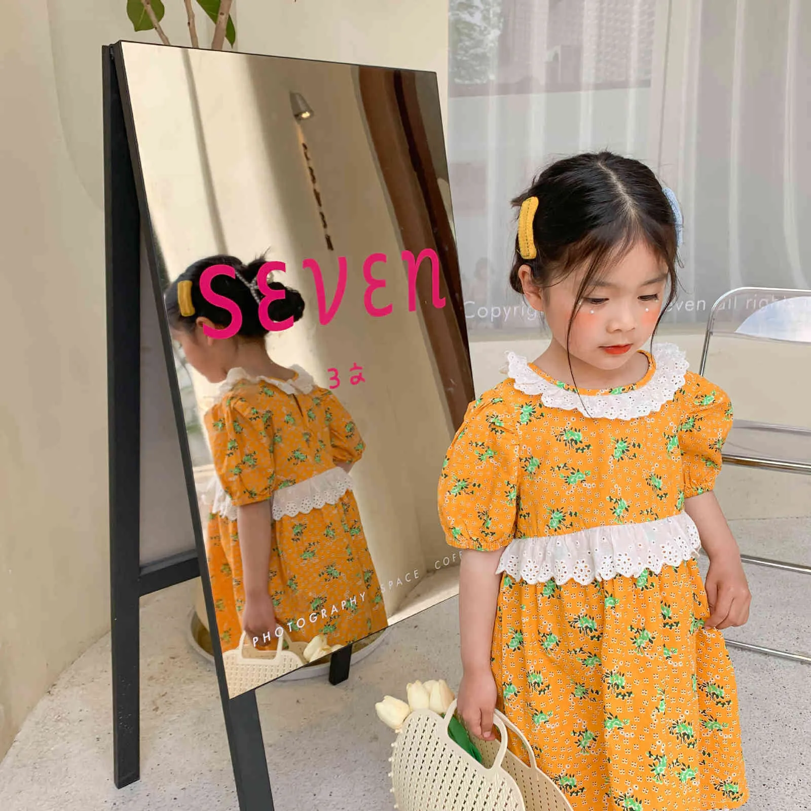 Estilo coreano meninas algodão floral laço retalhos de manga curta vestido cute crianças soltas vestidos casuais 210615