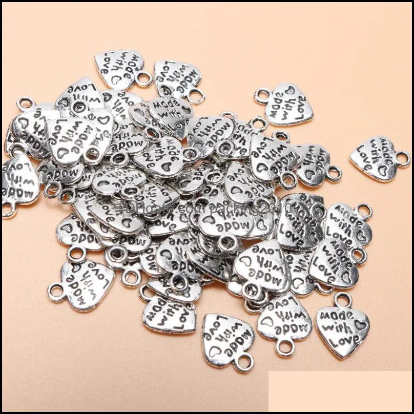 200 PCS Alloy Jewelry Pendant Beads Hand Made with Love Heart Tags Charms Label for Necklace Bracelet Key Chain Jewelry Clothing DIY Handicraft & Sewing