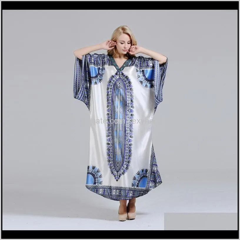 dresses for women african clothing bohe style v-neck loose pullover blue pattern printed for daily casual dress dashiki